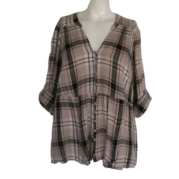 TORRID Top, 2/2XL, Tan Plaid, Roll Cuffs/Strap, Cloth covered buttons - Picture 8 of 12